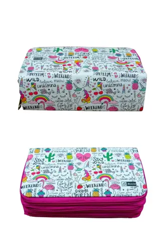Pencil Case Queen Unicorn Kawaii Vegan Leather Three Compartments (pencil case)-Queen Unicorn Pink Zipper - 3
