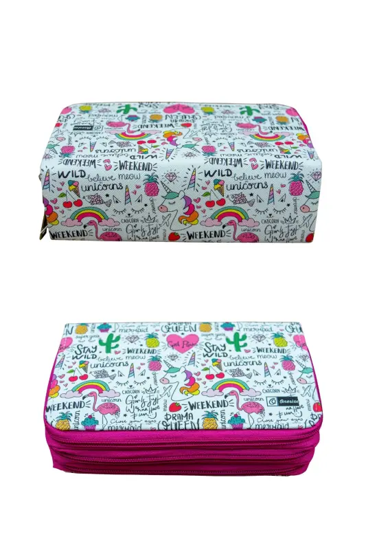 Pencil Case Queen Unicorn Kawaii Vegan Leather Three Compartments (pencil case)-Queen Unicorn Pink Zipper - 3
