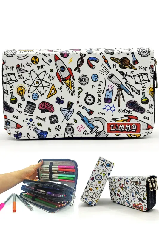 Pencil Case Science Patterned Kawaii Organizer Pencil Box Vegan Leather Three Compartment Pencil Case-Science - 1
