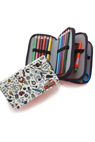Pencil Case Science Patterned Kawaii Organizer Pencil Box Vegan Leather Three Compartment Pencil Case-Science - 3
