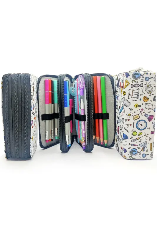 Pencil Case Science Patterned Kawaii Organizer Pencil Box Vegan Leather Three Compartment Pencil Case-Science - 5
