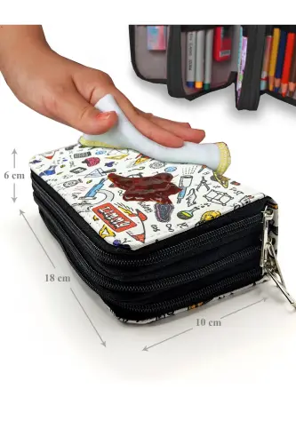 Pencil Case Science Patterned Kawaii Organizer Pencil Box Vegan Leather Three Compartment Pencil Case-Science - 6