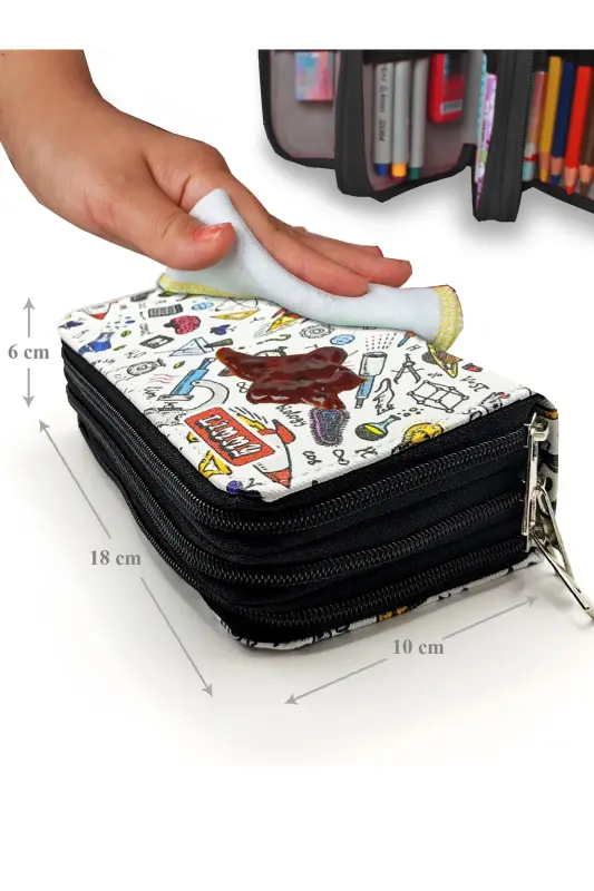 Pencil Case Science Patterned Kawaii Organizer Pencil Box Vegan Leather Three Compartment Pencil Case-Science - 6