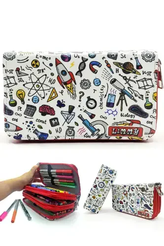 Pencil Case Science Patterned Kawaii Organizer Pencilcase Vegan Leather Three Compartment Pencil Holder - Red-Science Red - 1