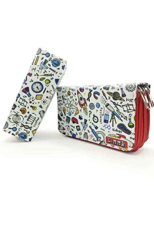 Pencil Case Science Patterned Kawaii Organizer Pencilcase Vegan Leather Three Compartment Pencil Holder - Red-Science Red - 2