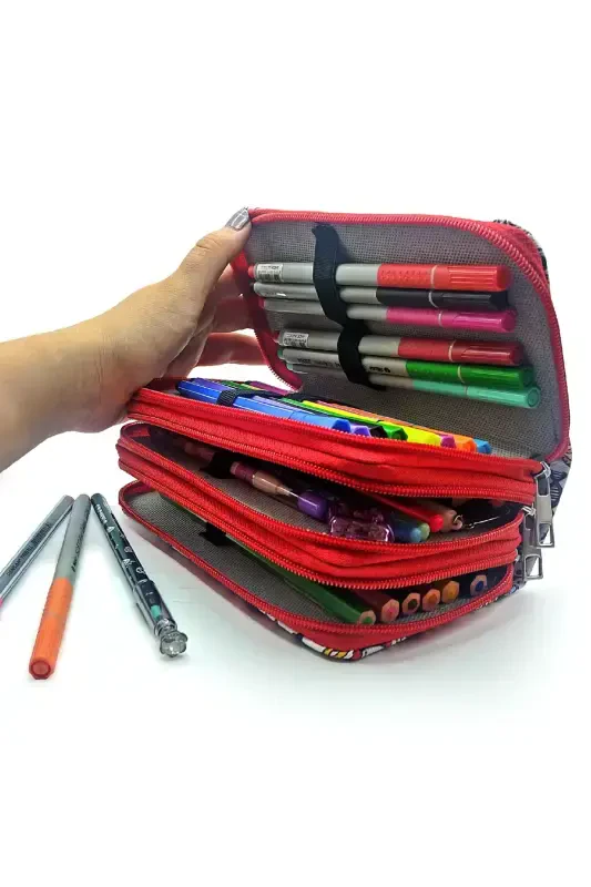 Pencil Case Science Patterned Kawaii Organizer Pencilcase Vegan Leather Three Compartment Pencil Holder - Red-Science Red - 4