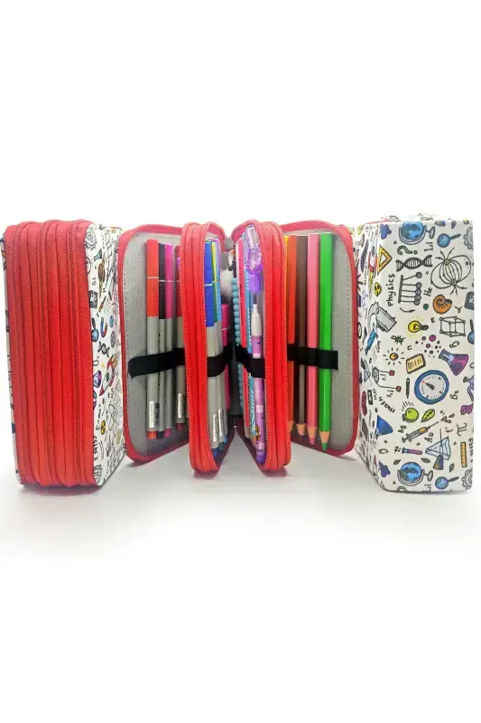 Pencil Case Science Patterned Kawaii Organizer Pencilcase Vegan Leather Three Compartment Pencil Holder - Red-Science Red - 5