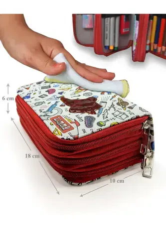 Pencil Case Science Patterned Kawaii Organizer Pencilcase Vegan Leather Three Compartment Pencil Holder - Red-Science Red - 6