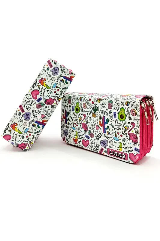 Pencil Case Unicorn-flamingo-avocado Patterned Kawaii Organizer Pencil Box Three Compartment Pencil Case-colorful2 - 2