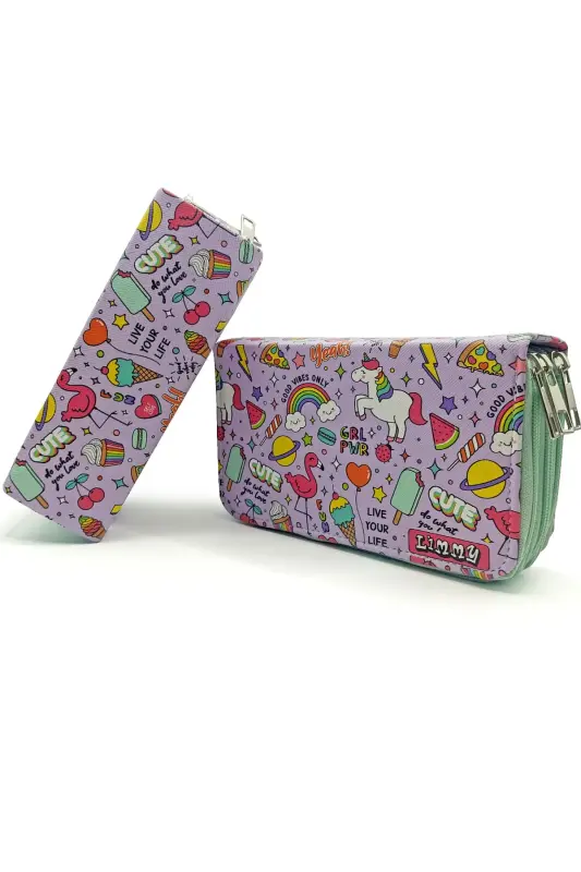 Pencil Case Unicorn-flamingo Kawaii Organizer Pencil Case Vegan Leather Three Compartment Pencil Holder - Green-Purpleunicorn - 2