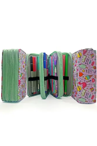 Pencil Case Unicorn-flamingo Kawaii Organizer Pencil Case Vegan Leather Three Compartment Pencil Holder - Green-Purpleunicorn - 5