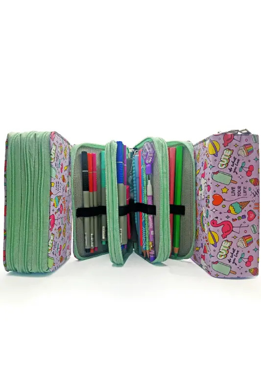 Pencil Case Unicorn-flamingo Kawaii Organizer Pencil Case Vegan Leather Three Compartment Pencil Holder - Green-Purpleunicorn - 5