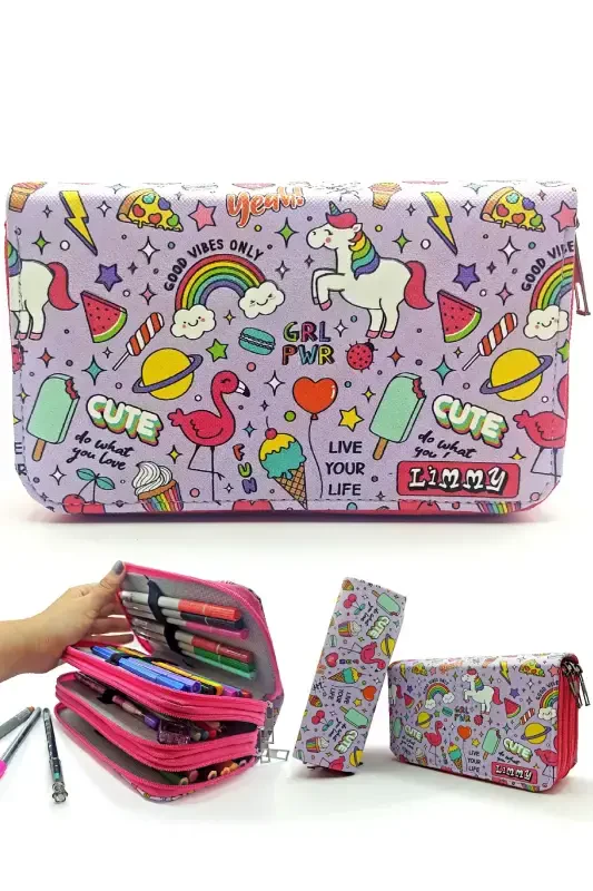 Pencil Case Unicorn-flamingo Patterned Kawai Organizer Pencil Box Vegan Leather Three Compartment Pencil Case-colorful9 - LIMMY