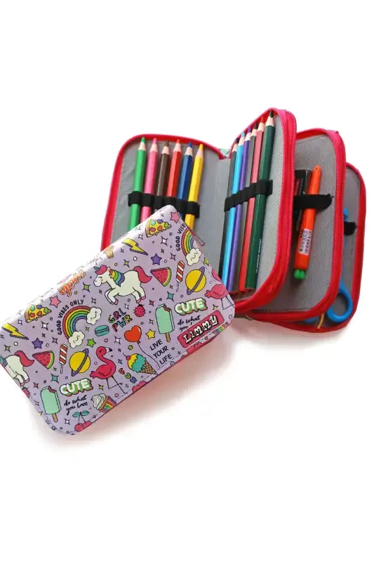 Pencil Case Unicorn-flamingo Patterned Kawai Organizer Pencil Box Vegan Leather Three Compartment Pencil Case-colorful9 - 3