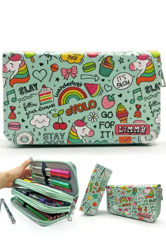 Pencil Case Unicorn Patterned Green Kawai Organizer Pencil Box Vegan Leather Three Compartment Pencil Case-colorful14 