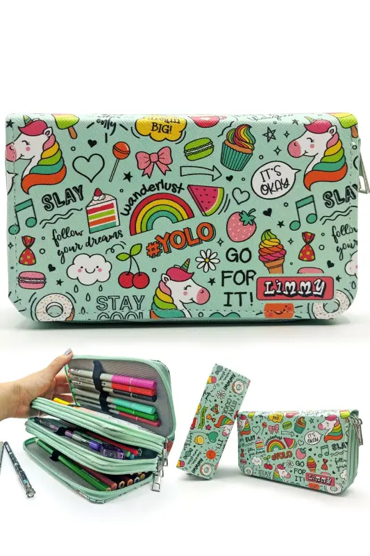 Pencil Case Unicorn Patterned Green Kawai Organizer Pencil Box Vegan Leather Three Compartment Pencil Case-colorful14 - 1