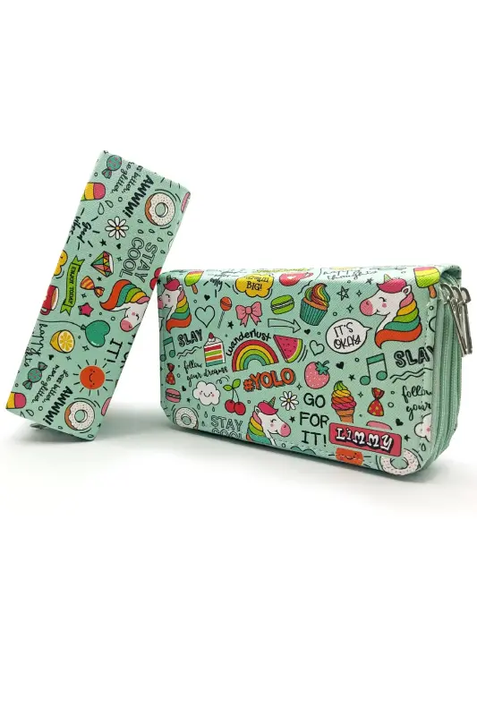 Pencil Case Unicorn Patterned Green Kawai Organizer Pencil Box Vegan Leather Three Compartment Pencil Case-colorful14 - 2