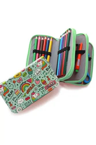 Pencil Case Unicorn Patterned Green Kawai Organizer Pencil Box Vegan Leather Three Compartment Pencil Case-colorful14 - 3