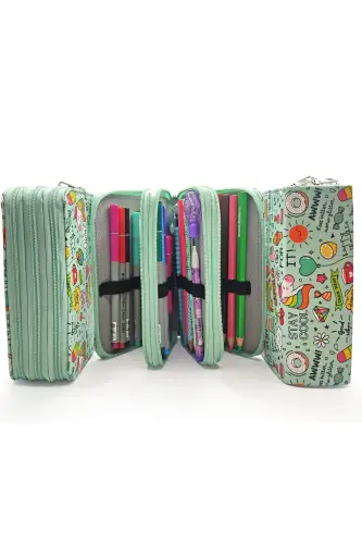 Pencil Case Unicorn Patterned Green Kawai Organizer Pencil Box Vegan Leather Three Compartment Pencil Case-colorful14 - 5