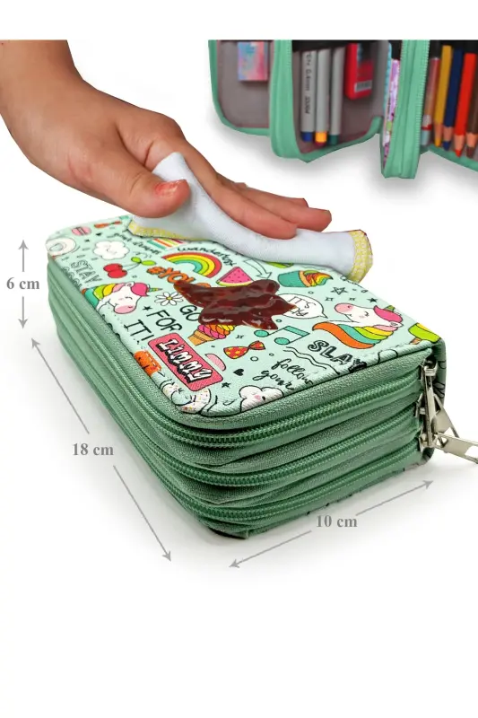 Pencil Case Unicorn Patterned Green Kawai Organizer Pencil Box Vegan Leather Three Compartment Pencil Case-colorful14 - 6