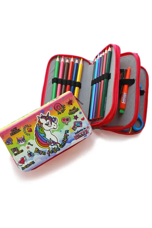 Pencil Case Unicorn Pink Cool Style Kawaii Organizer Pencil Box Three Compartment Pencil Case-Pink - 3