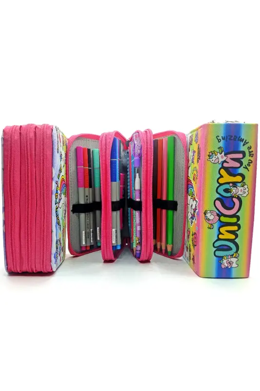 Pencil Case Unicorn Pink Cool Style Kawaii Organizer Pencil Box Three Compartment Pencil Case-Pink - 5