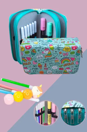 Pencil Case #yolo Unicorn Kawaii Vegan Leather Three Compartments (pencil case)-Yolo Green Zipper 