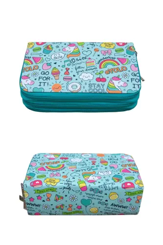 Pencil Case #yolo Unicorn Kawaii Vegan Leather Three Compartments (pencil case)-Yolo Green Zipper - 3