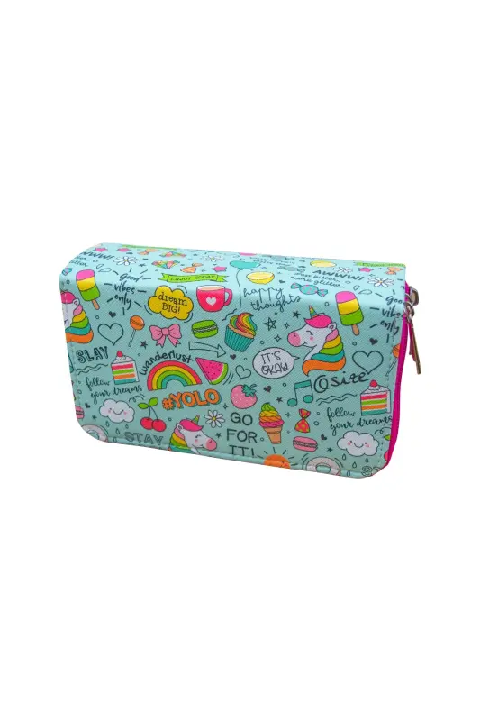 Pencil Case #yolo Unicorn Kawaii Vegan Leather Three Compartments (pencil case)-Yolo Pink Zipper - 2