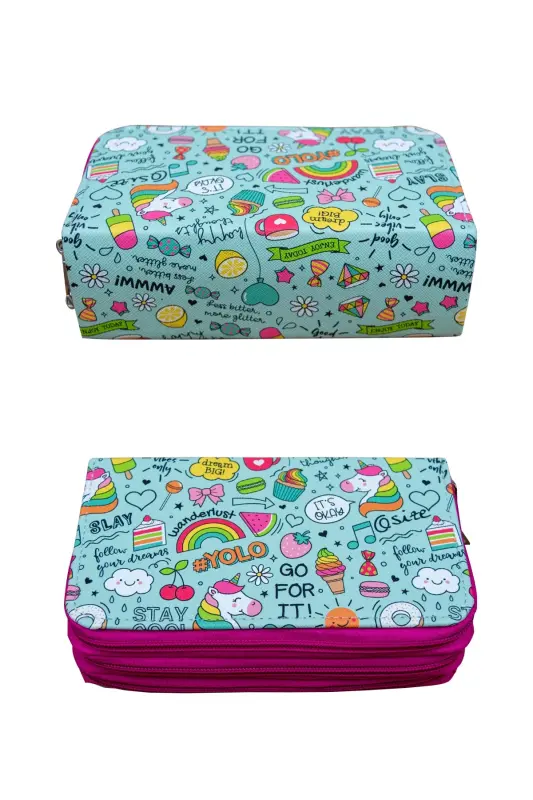 Pencil Case #yolo Unicorn Kawaii Vegan Leather Three Compartments (pencil case)-Yolo Pink Zipper - 3
