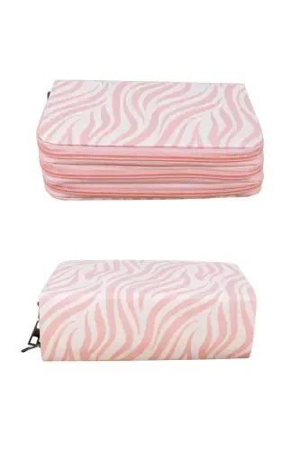 Pencil Case Zebra Pattern Pink Vegan Leather Three Compartments (pencil case)-Zebra Pink - 3
