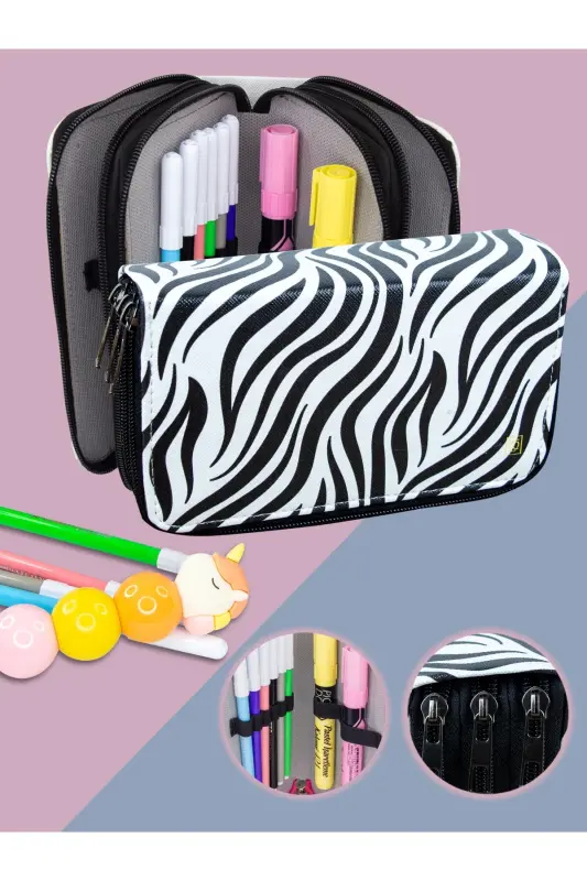 Pencil Case Zebra Pattern Pink Vegan Leather Three Compartments (Pencil Holder)-Zebra Black - ONESIZE