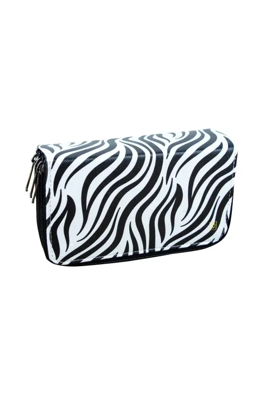 Pencil Case Zebra Pattern Pink Vegan Leather Three Compartments (Pencil Holder)-Zebra Black - 2