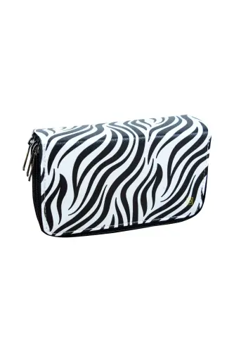 Pencil Case Zebra Pattern Pink Vegan Leather Three Compartments (Pencil Holder)-Zebra Black - ONESIZE (1)