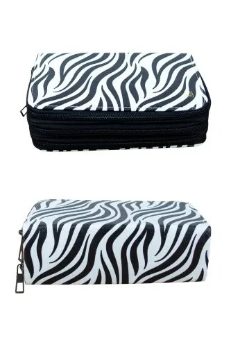 Pencil Case Zebra Pattern Pink Vegan Leather Three Compartments (Pencil Holder)-Zebra Black - 3