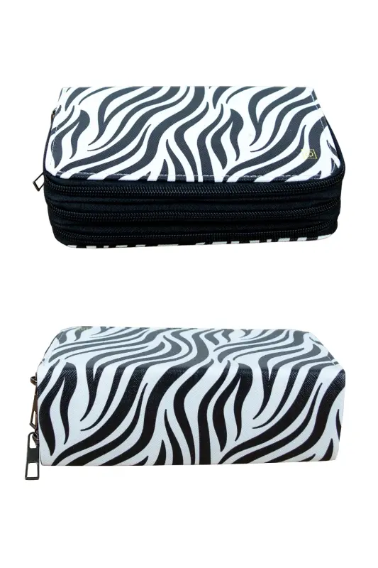 Pencil Case Zebra Pattern Pink Vegan Leather Three Compartments (Pencil Holder)-Zebra Black - 3