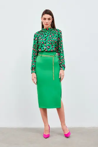 Pencil Skirt with Chain Belt - K.green 