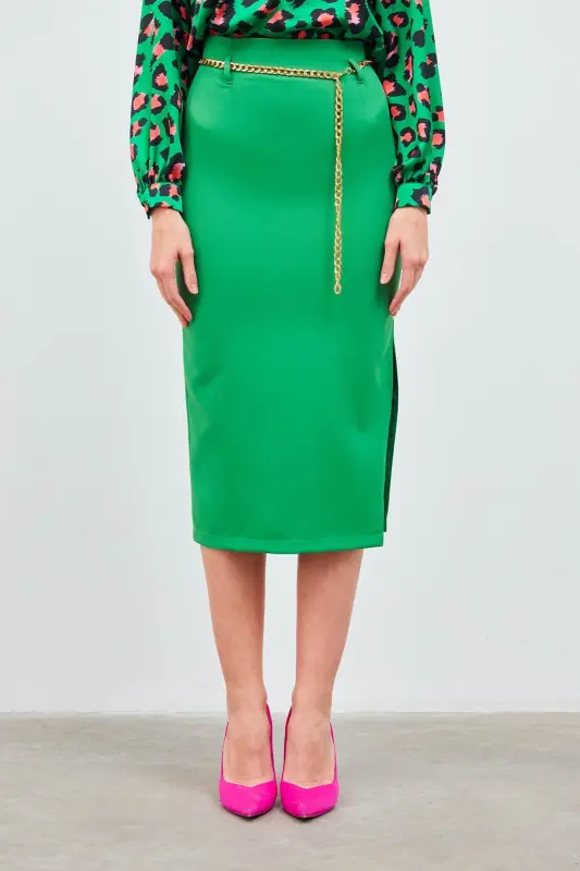 Pencil Skirt with Chain Belt - K.green - 2