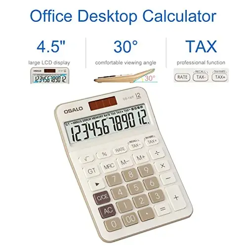 Pendancy 12 Digit Office Calculator Desktop with Tax+/- for Advanced Tax Calculation, Large LCD Display Big Buttons, Dual Power Durable Portable Design, for Financial Accounting Business Use - 3