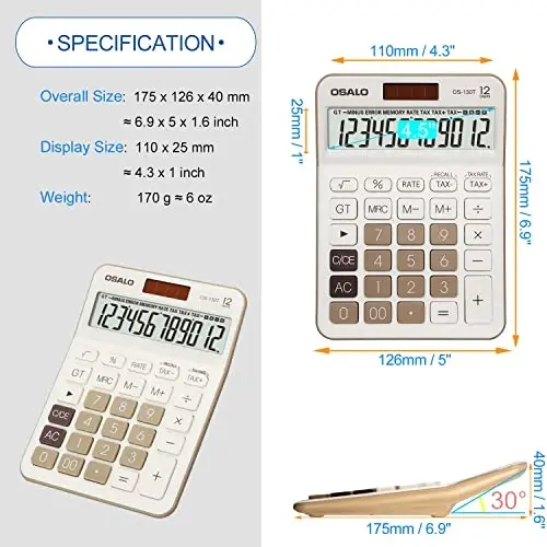 Pendancy 12 Digit Office Calculator Desktop with Tax+/- for Advanced Tax Calculation, Large LCD Display Big Buttons, Dual Power Durable Portable Design, for Financial Accounting Business Use - 4