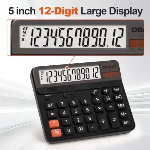 Pendancy Desk Calculator Large Display, Big Buttons, Battery Solar Power | 12-Digit Large Button, Giant Accounting Calculator, 5-Inch LCD, Perfect for Office Business & Home(OS-6815 Black) - 2