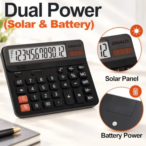 Pendancy Desk Calculator Large Display, Big Buttons, Battery Solar Power | 12-Digit Large Button, Giant Accounting Calculator, 5-Inch LCD, Perfect for Office Business & Home(OS-6815 Black) - 3