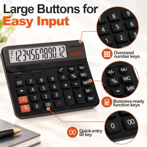 Pendancy Desk Calculator Large Display, Big Buttons, Battery Solar Power | 12-Digit Large Button, Giant Accounting Calculator, 5-Inch LCD, Perfect for Office Business & Home(OS-6815 Black) - 4