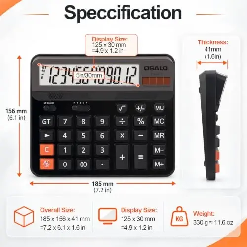 Pendancy Desk Calculator Large Display, Big Buttons, Battery Solar Power | 12-Digit Large Button, Giant Accounting Calculator, 5-Inch LCD, Perfect for Office Business & Home(OS-6815 Black) - 5