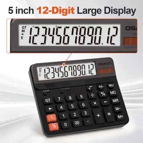 Pendancy Desk Calculator Large Display, Big Buttons, Battery Solar Power | 12-Digit Large Button, Giant Accounting Calculator, 5-Inch LCD, Perfect for Office Business & Home(OS-6815 Black) - pendancy (1)