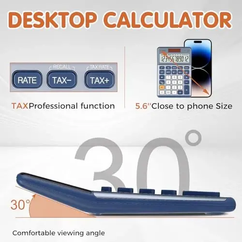 Pendancy Office Small Calculator Desktop with Tax+/- for Tax Calculation, 12 Digit Large LCD Display, Solar Battery Power, Durable Portable Design, Financial Accounting Business Home Use(OS-200T-Blue) - 2
