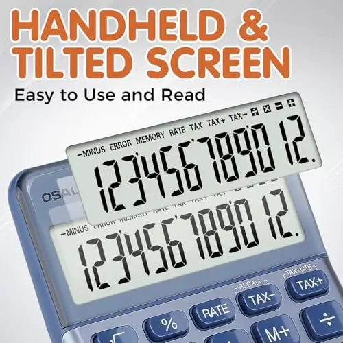 Pendancy Office Small Calculator Desktop with Tax+/- for Tax Calculation, 12 Digit Large LCD Display, Solar Battery Power, Durable Portable Design, Financial Accounting Business Home Use(OS-200T-Blue) - 3