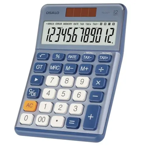 Pendancy Office Small Calculator Desktop with Tax+/- for Tax Calculation, 12 Digit Large LCD Display, Solar Battery Power, Durable Portable Design, Financial Accounting Business Home Use(OS-200T-Blue) 