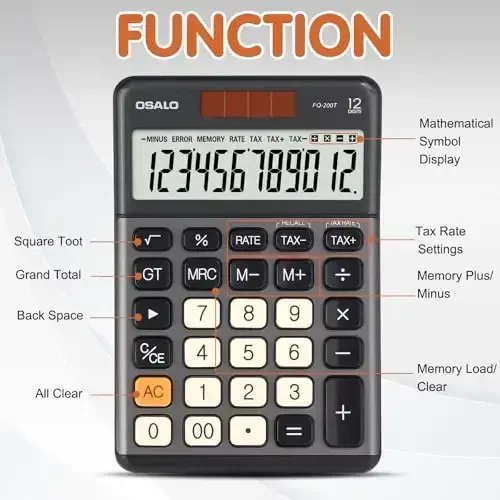 Pendancy Office Small Calculator Desktop with Tax+/- for Tax Calculation, 12 Digit Large LCD Display, Solar Battery Power, Durable Portable Design, Financial Accounting Business Home Use(OS-200T-Gray) - 6