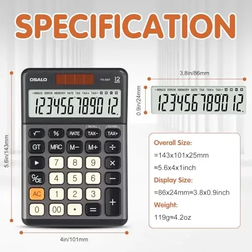 Pendancy Office Small Calculator Desktop with Tax+/- for Tax Calculation, 12 Digit Large LCD Display, Solar Battery Power, Durable Portable Design, Financial Accounting Business Home Use(OS-200T-Gray) - 3